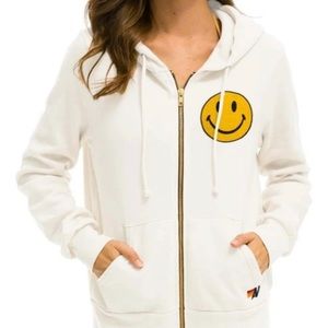 aviator nation white zip up with smiley face